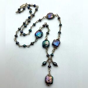 STERLING Black Pearl Link Chain Necklace Square & Round Pearls 925 Silver 17.5”